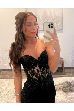 Long Black Mermaid Sweetheart Lace Prom Dresses Formal Evening Dresses with Slit 901929