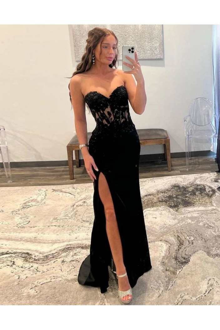 Long Black Mermaid Sweetheart Lace Prom Dresses Formal Evening Dresses with Slit 901929