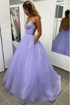 A-Line Sparkle Tulle Lavender Long Prom Dresses Formal Evening Dresses 901931