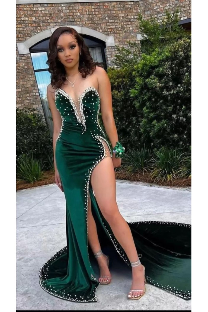 Long Green Mermaid Prom Dresses Formal Evening Dresses with Pearls 901932