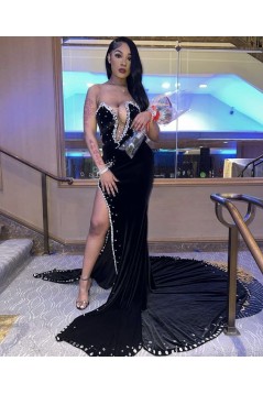 Long Black Mermaid Prom Dresses Formal Evening Dresses with Pearls 901933