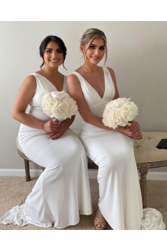 Long White Mermaid V Neck Bridesmaid Dresses 902034