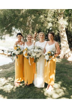 Sheath/Column Yellow White Long Bridesmaid Dresses 902038