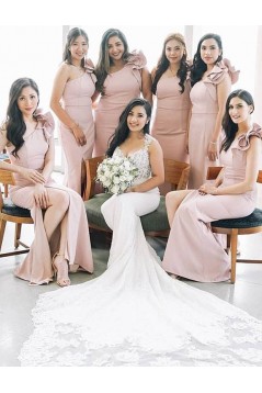 Mermaid One Shoulder Long Pink Bridesmaid Dresses 902039