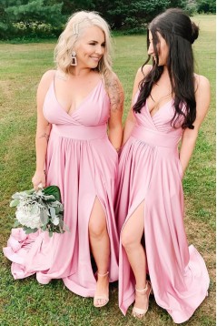 Long Pink V Neck Floor Length Bridesmaid Dresses 902040
