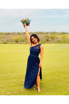 Long Royal Blue Chiffon and Lace Floor Length Bridesmaid Dresses 902047