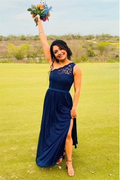 Long Royal Blue Chiffon and Lace Floor Length Bridesmaid Dresses 902047