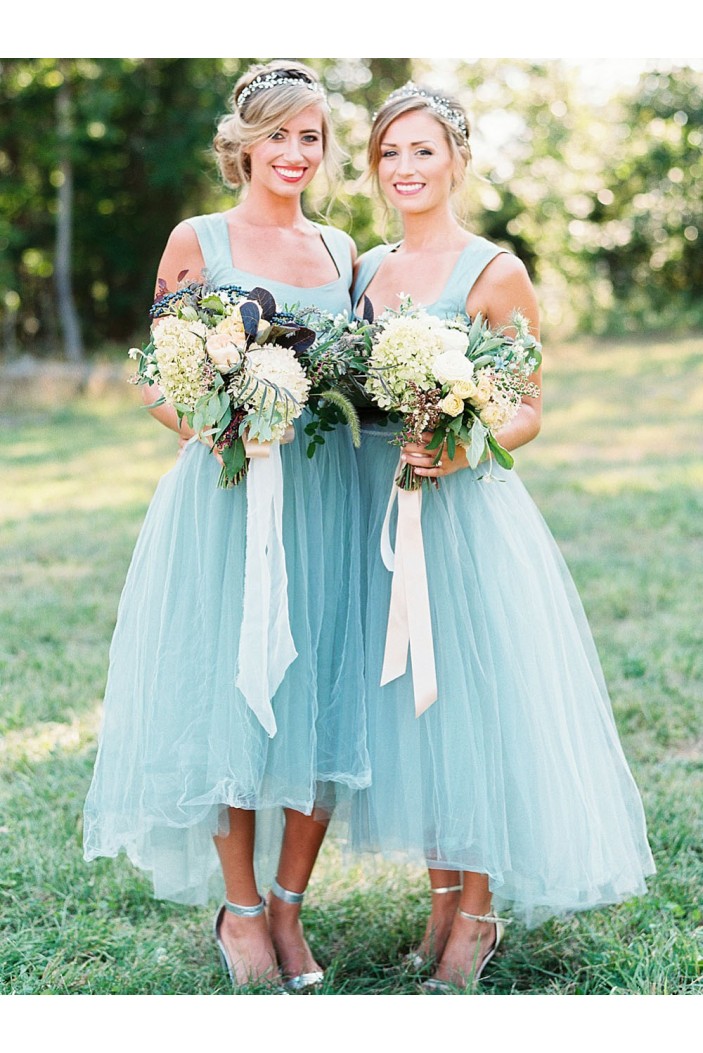 High Low Blue Tulle Bridesmaid Dresses 902054