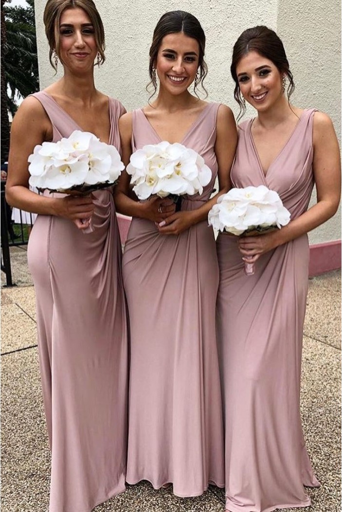 Sheath/Column V Neck Long Bridesmaid Dresses 902055