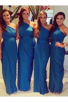 Sheath/Column Long Royal Blue One Shoulder Bridesmaid Dresses 902056