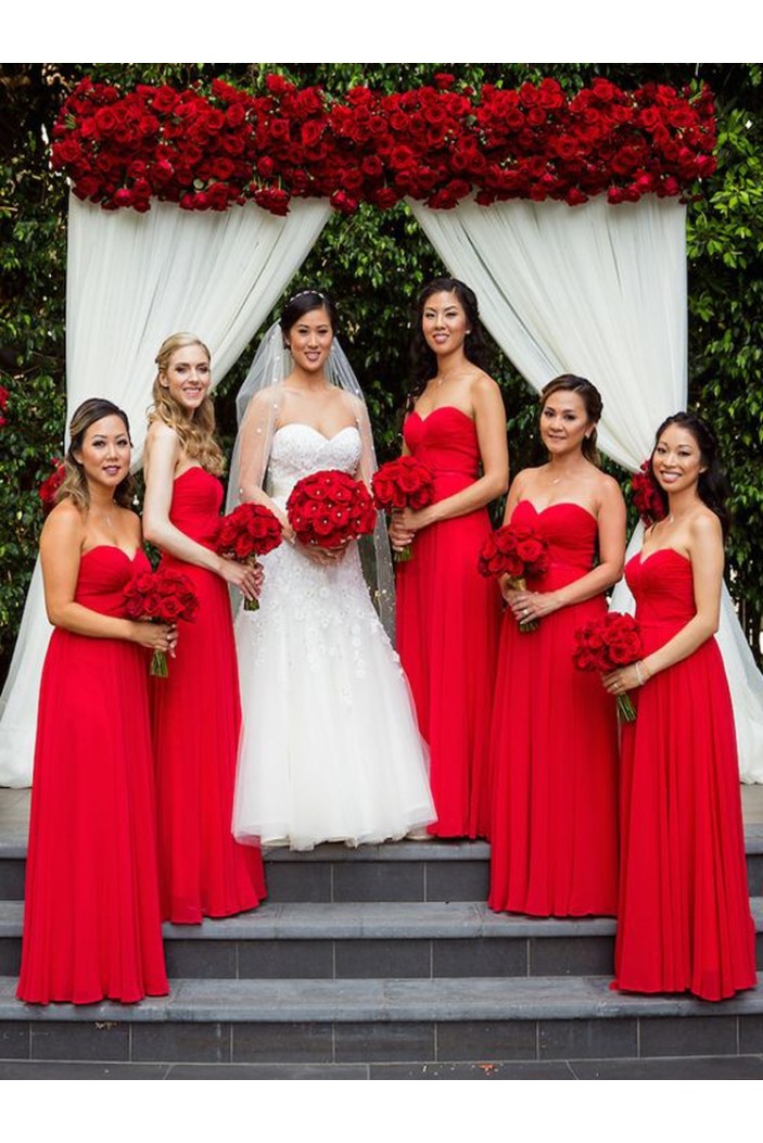 Long Red Chiffon Sweetheart Floor Length Bridesmaid Dresses 902082