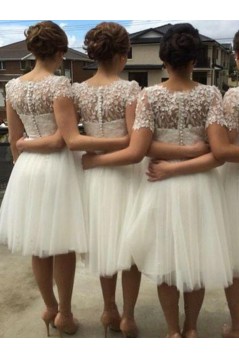 Short White Knee Length Lace and Tulle Bridesmaid Dresses 902105