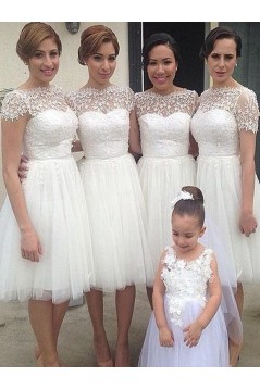 Short White Knee Length Lace and Tulle Bridesmaid Dresses 902105
