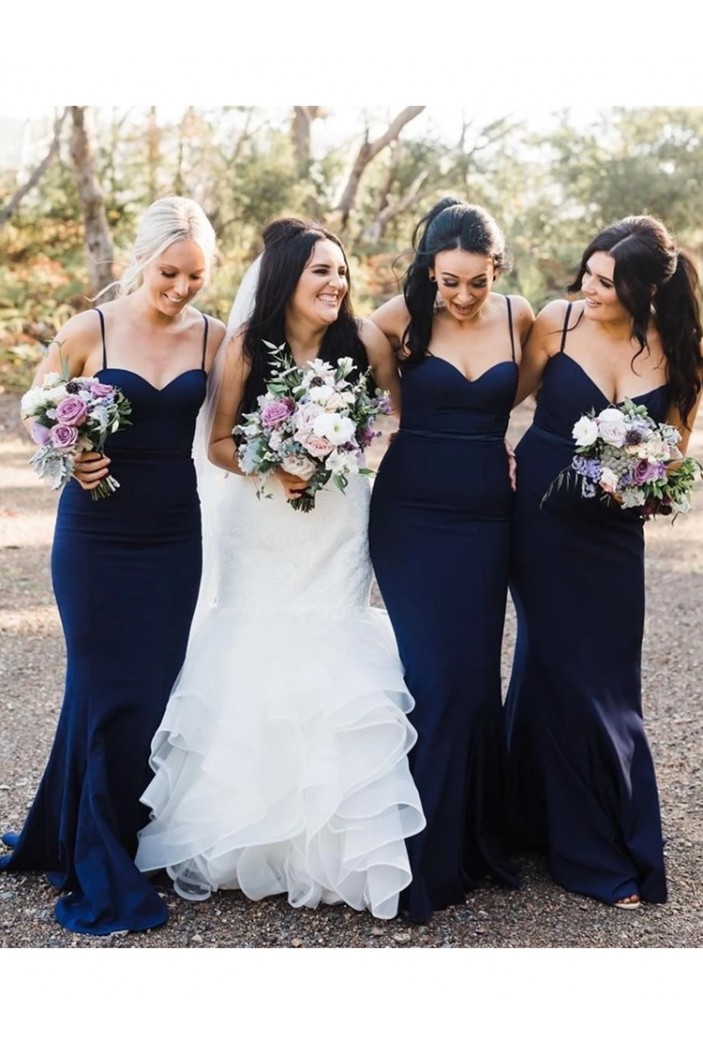 Long Navy Blue Mermaid Spaghetti Straps Bridesmaid Dresses 902109