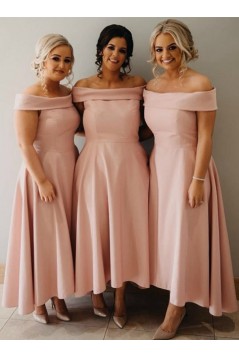 High Low Pink Off the Shoulder Bridesmaid Dresses 902111