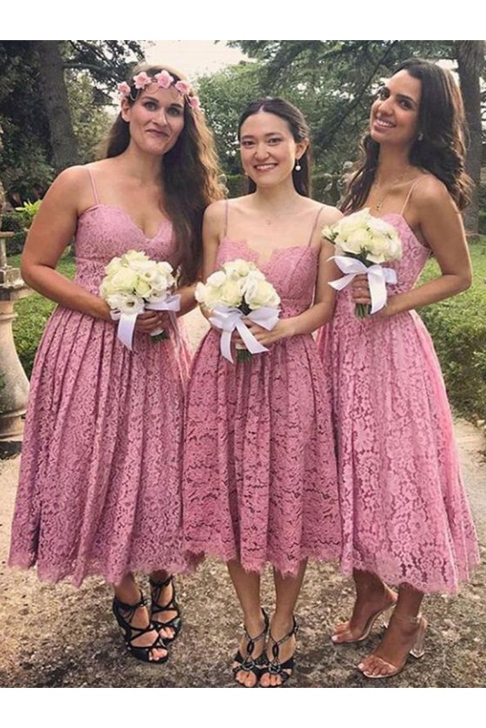 A-Line Pink Lace Spaghetti Straps Bridesmaid Dresses 902112