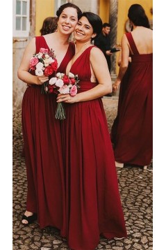Long Red V Neck Floor Length Bridesmaid Dresses 902115