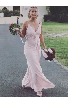 Long Pink Mermaid V Neck Chiffon Bridesmaid Dresses 902120