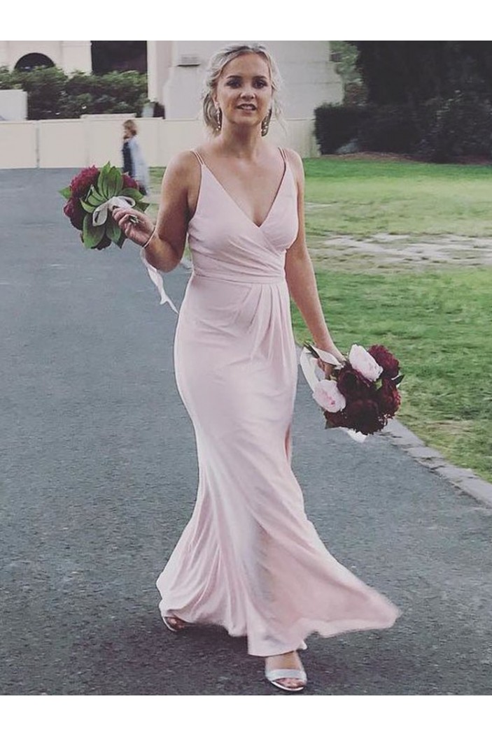 Long Pink Mermaid V Neck Chiffon Bridesmaid Dresses 902120