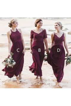 Modest Long Grape Purple Chiffon and Lace Bridesmaid Dresses 902125