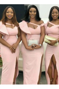 Long Pink Modest Floor Length Bridesmaid Dresses with Slit 902167