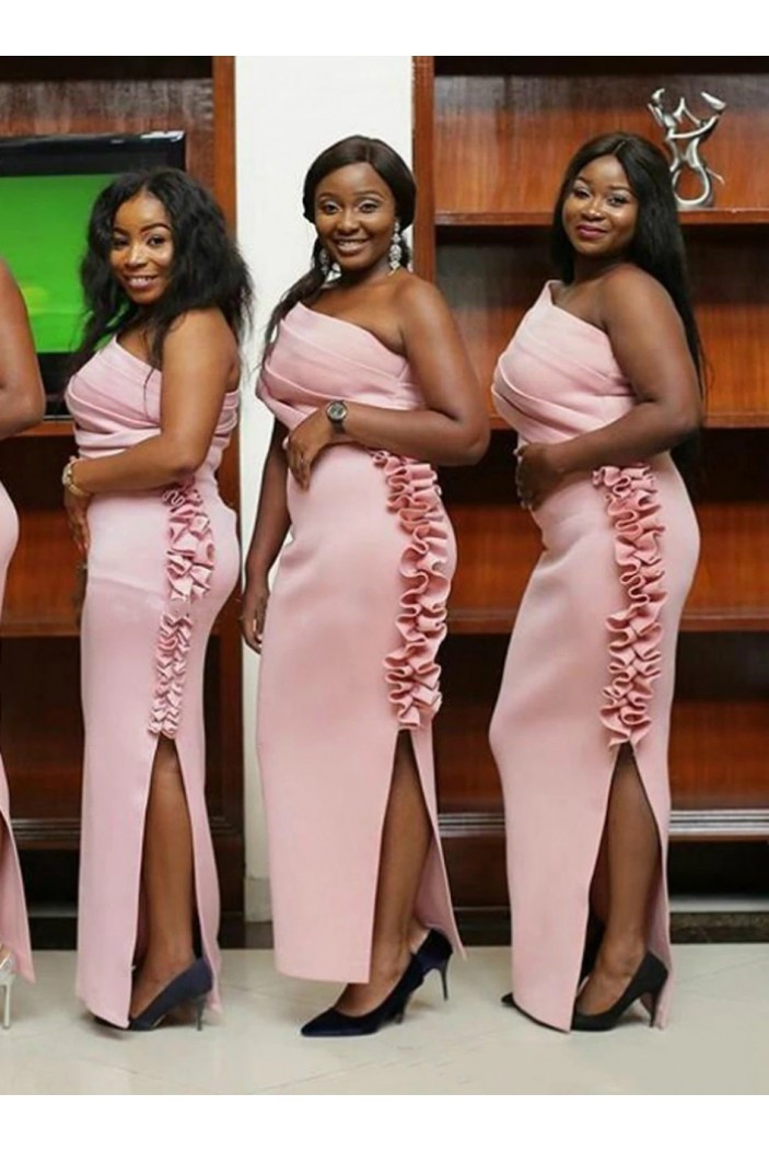 Long Pink One Shoulder Bridesmaid Dresses with Slit 902182