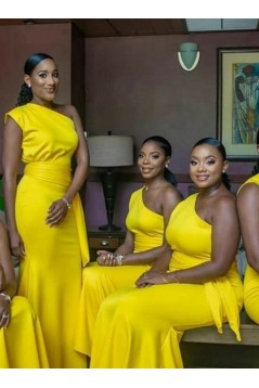 Modest Long Yellow One Shoulder Bridesmaid Dresses 902185