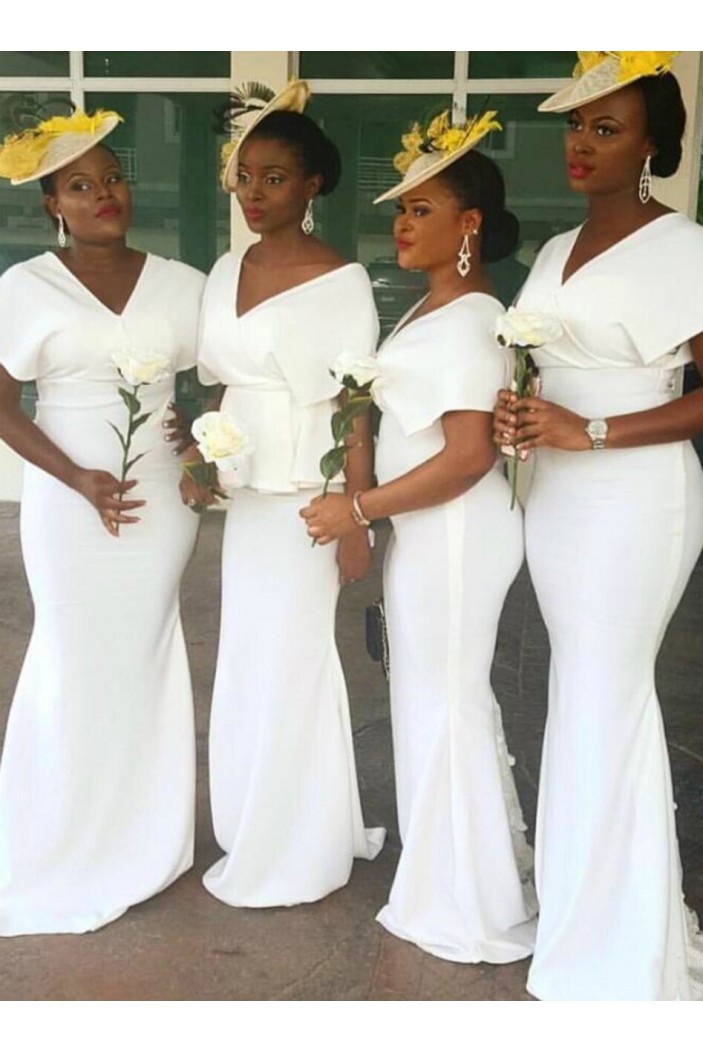 Long White Mermaid V Neck Bridesmaid Dresses 902194