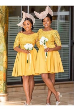 Short Knee Length Lace Bridesmaid Dresses with Sleeves 902198