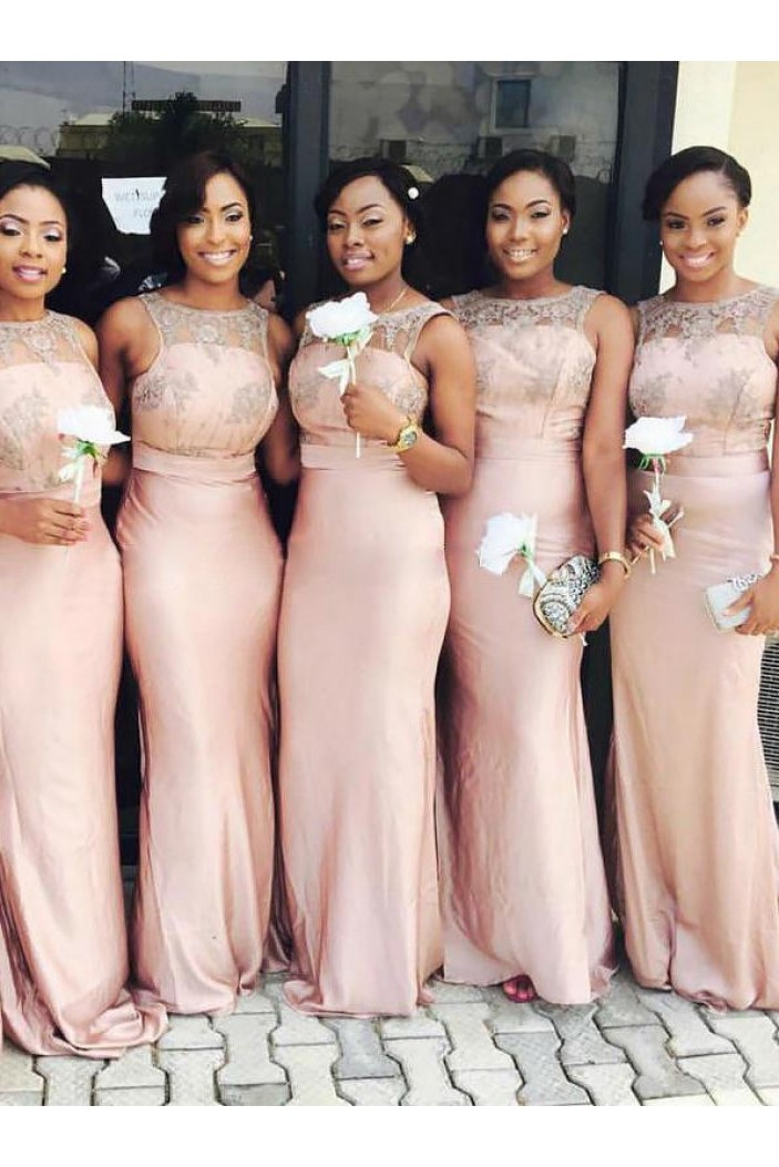 Long Pink Mermaid Lace Floor Length Bridesmaid Dresses 902210