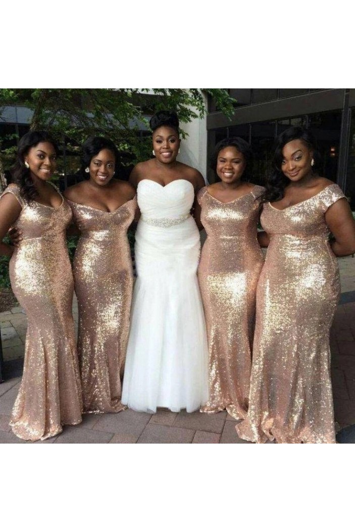 Long Mermaid Off the Shoulder Sequin Bridesmaid Dresses 902237