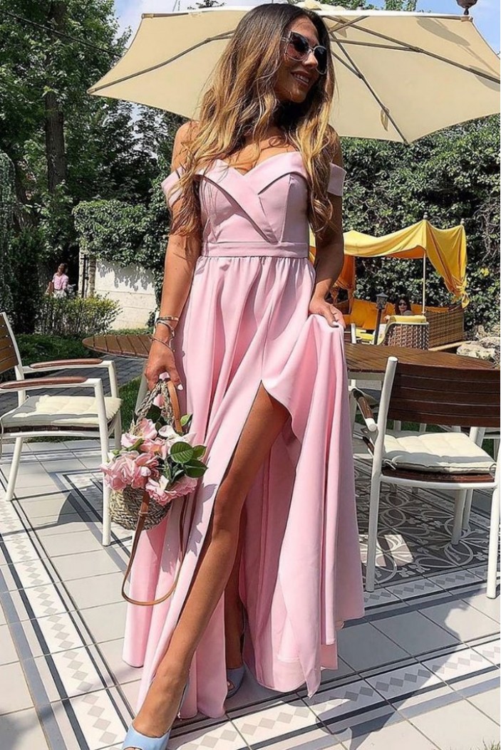 Long Pink Off the Shoulder Floor Length Bridesmaid Dresses 902274