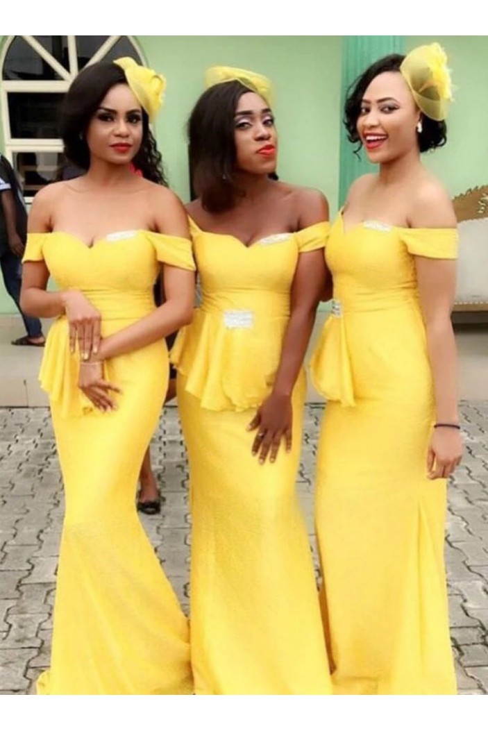 Long Yellow Mermaid Off the Shoulder Bridesmaid Dresses 902294