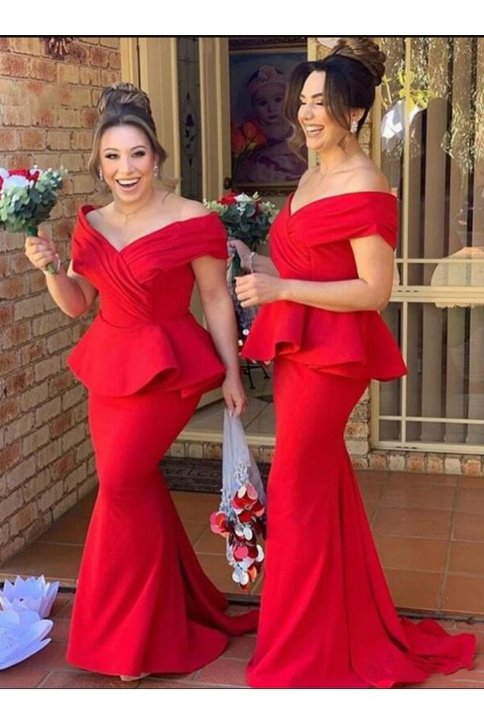 Long Red Mermaid Off the Shoulder Bridesmaid Dresses 902300