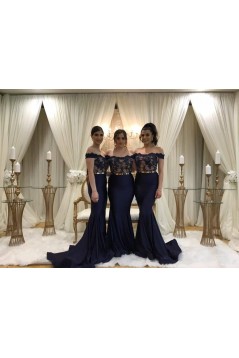Long Navy Blue Mermaid Lace Off the Shoulder Bridesmaid Dresses 902305