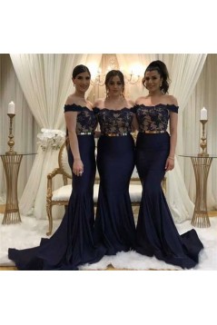 Long Navy Blue Mermaid Lace Off the Shoulder Bridesmaid Dresses 902305