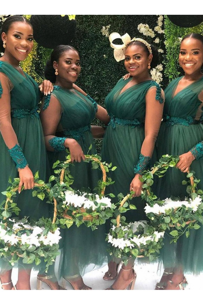 Long Green Tulle Lace V Neck Tea Length Bridesmaid Dresses with Long Sleeves 902315