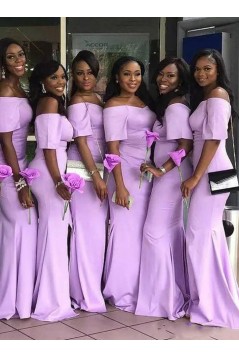 Long Mermaid Lilac Floor Length Bridesmaid Dresses with Short Sleeves 902318