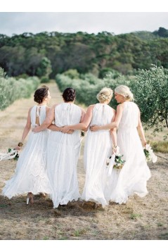 Long White Lace Floor Length Bridesmaid Dresses 902332