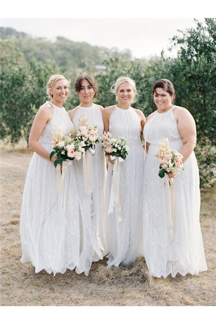 Long White Lace Floor Length Bridesmaid Dresses 902332