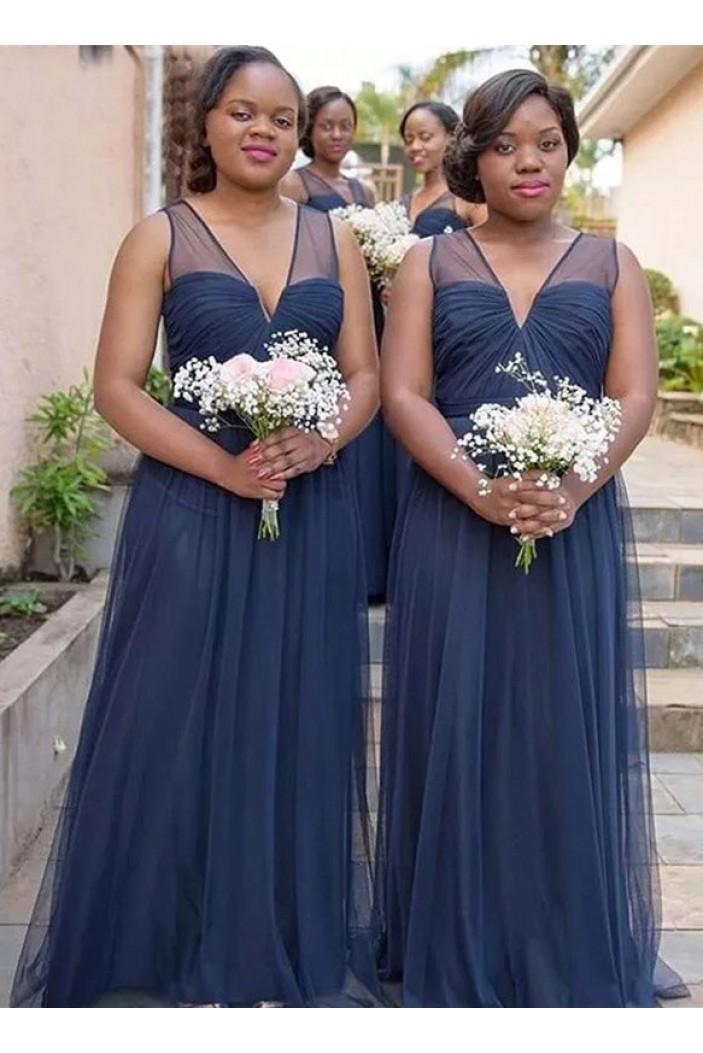 Long Navy Blue Tulle V Neck Bridesmaid Dresses 902358