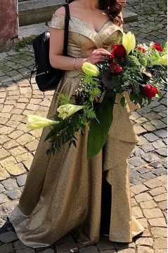 Long Gold Sequin Off the Shoulder Bridesmaid Dresses 902383