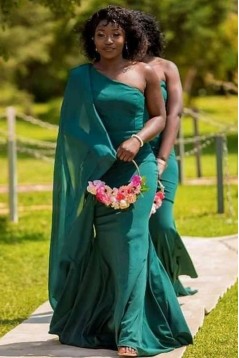 Long Green Mermaid One Shoulder Bridesmaid Dresses 902399