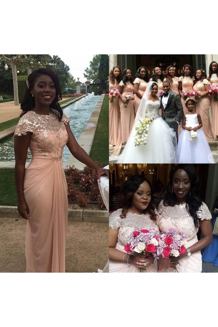 Long Pink Chiffon and Lace Bridesmaid Dresses 902426