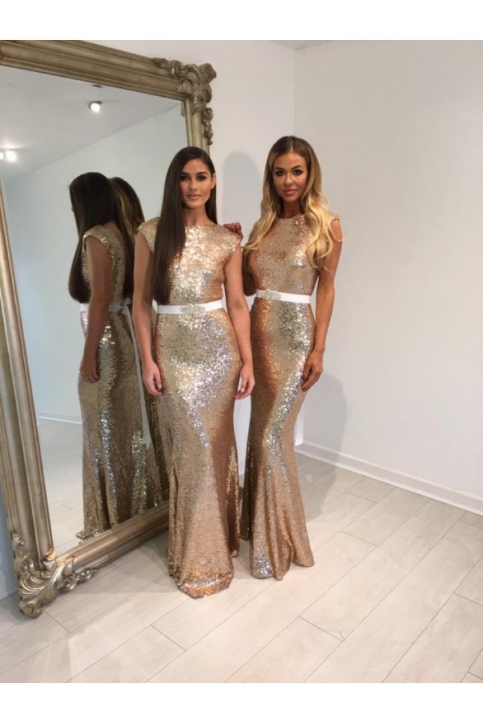 Long Mermaid Gold Sequin Bridesmaid Dresses 902458