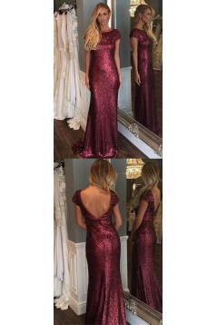 Long Grape Purple Sequin Bridesmaid Dresses with Cap Sleeves 902463