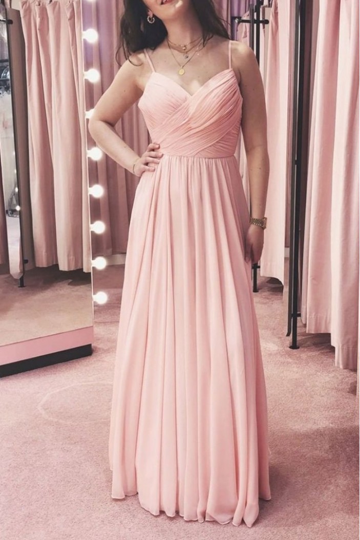 Long Pink Chiffon Spaghetti Straps Bridesmaid Dresses 902481