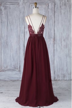 Long Grape Purple Chiffon Lace Spaghetti Straps Bridesmaid Dresses 902482