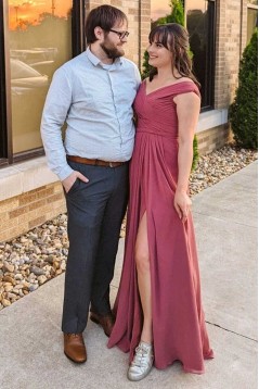 A-Line Long Chiffon Off the Shoulder Bridesmaid Dresses 902495