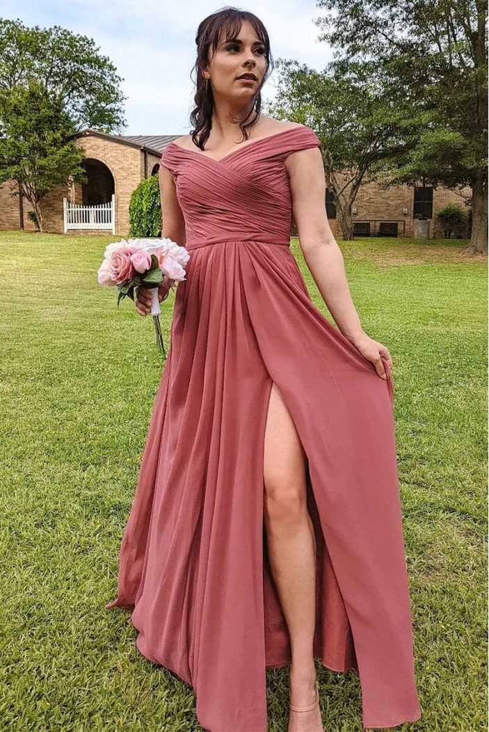 A-Line Long Chiffon Off the Shoulder Bridesmaid Dresses 902495